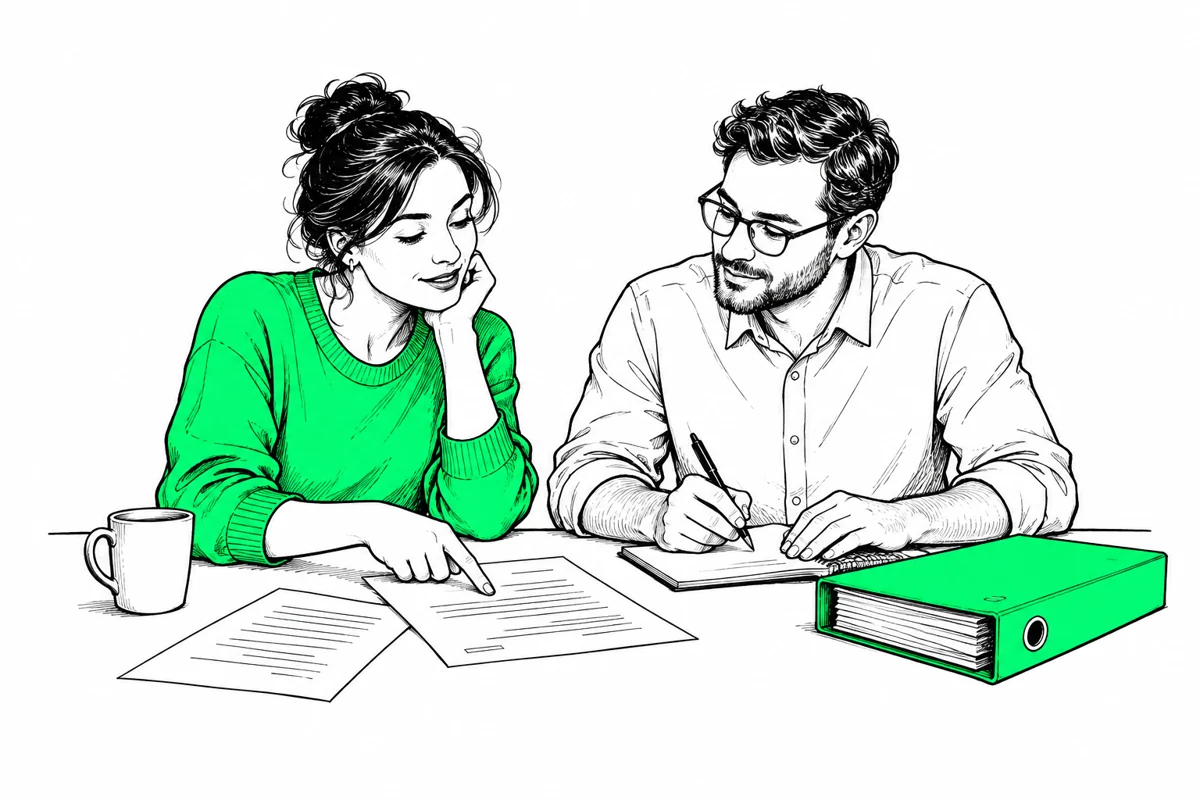 Ilustracja wspólnej pracy nad dokumentami pracownika